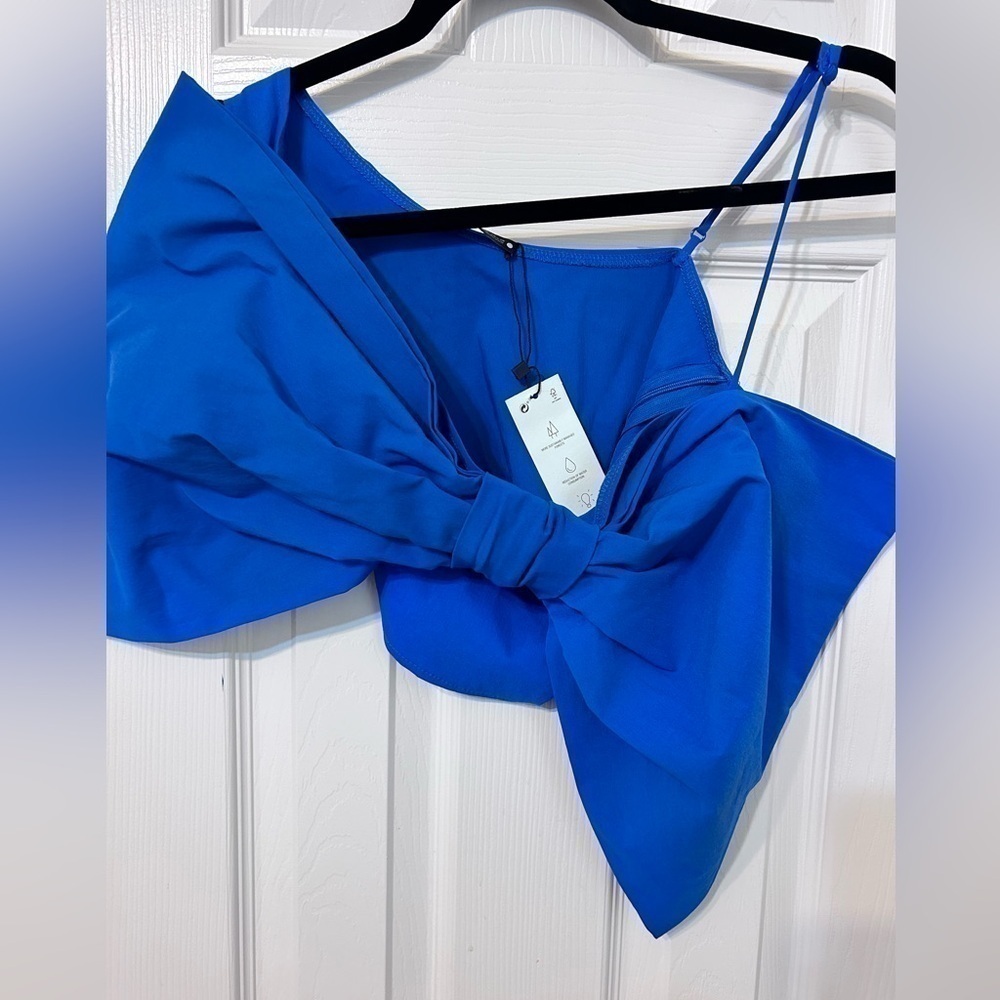 NWT ZARA, Asymmetric Voluminous Maxi Bow Tied Crop Top, Small in Blue - Picture 5 of 8